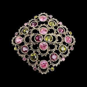 Sarah Coventry Austrian Lites Brooch Rhinestones Sparkle Pink Green Statement